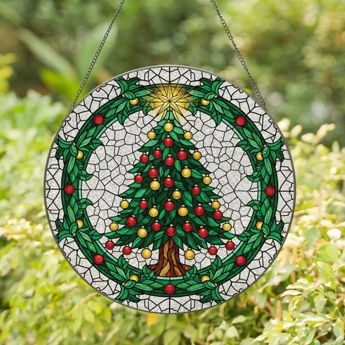Lush Christmas Tree Gold Star Red Ornaments Foliage Frame - Christmas Decor Gift Stained Glass Suncatcher