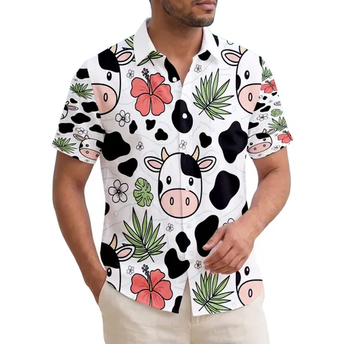 Cartoon Cow Heads Tropical Hibiscus Palm - Tropical Lifestyle Gift for Beach Lover Hawaiian Shirt