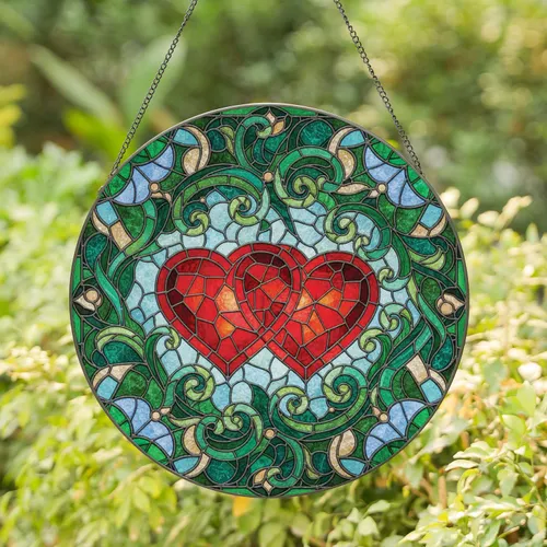 Red Overlapping Hearts Deep Ruby Shadows Swirling Floral Vines - Home Decor Gift Stained Glass Suncatcher