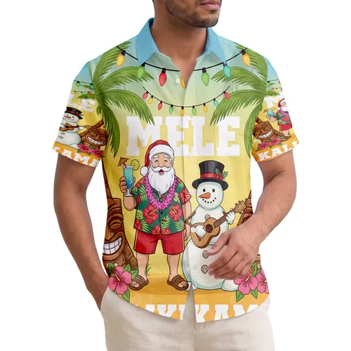 Mele Kalikimaka Santa Snowman Tiki Palms - Tropical Christmas Gift Hawaiian Shirt