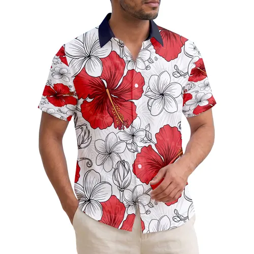 Red White Tropical Flowers Yellow Stamen Leaves - Summer Season Vacation Gift Hawaiian Shirt