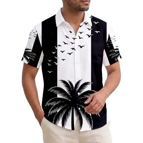 Silhouetted Palm Tree Birds White Black Vertical Stripes - Nature Lover Gift Hawaiian Shirt