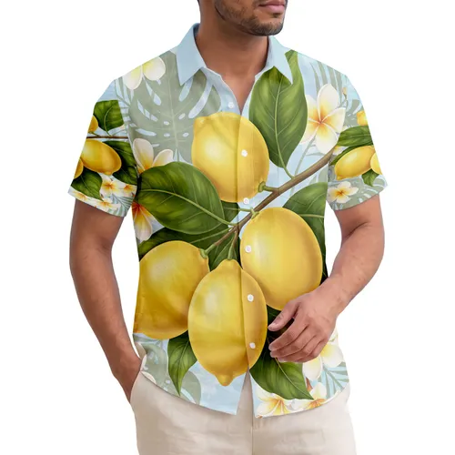 Yellow Lemons Green Leaves Plumeria Palm Fronds Monstera Hibiscus - Home Decor Gift Hawaiian Shirt