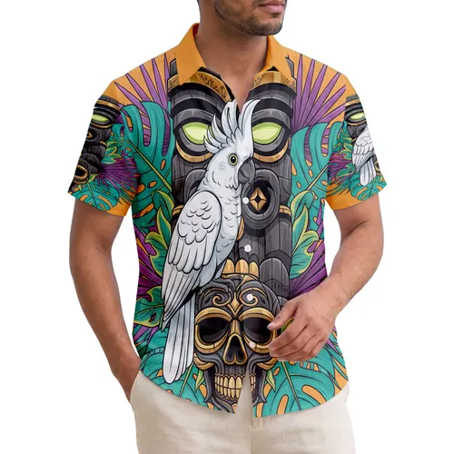 Tiki Mask Tribal Skull Cockatoo Parrot Monstera Leaves - Tropical Home Decor Gift Hawaiian Shirt