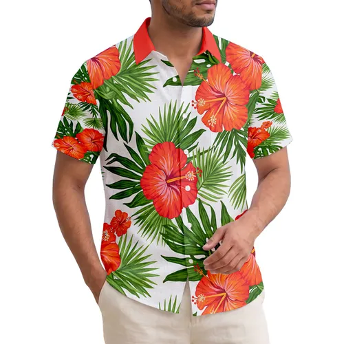 Hibiscus Palm Frond Tropical Leaves - Beach Vacation Gift Hawaiian Shirt