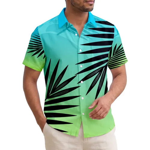 Black Palm Frond Silhouettes Coastal Blue Green Gradient - Tropical Lifestyle Gift Hawaiian Shirt