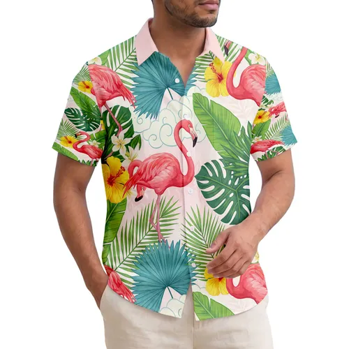 Pink Flamingos Tropical Palm Leaves Hibiscus Blooms - Home Decor Gift for Flamingo Lover Hawaiian Shirt