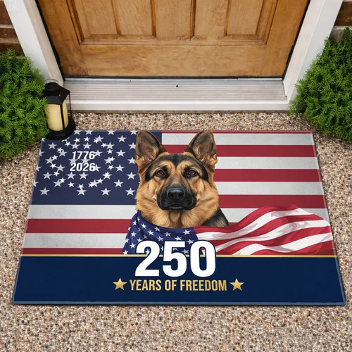 Patriotic German Shepherd American Flag - 250 Years of Freedom 1776-2026 Doormat