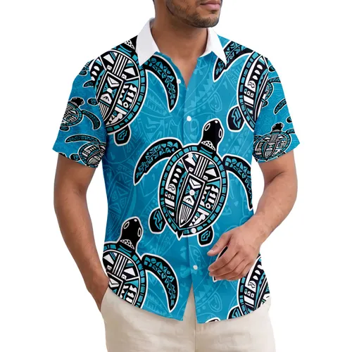 Hawaiian Inspired Honu Sea Turtles Tribal Shells Aqua Blue White - Ocean Lover Gift Hawaiian Shirt