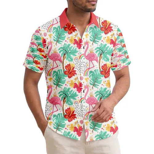 Pink Flamingos Gold Crowns Tropical Island Palm Trees Rainbows - Tropical Getaway Gift Hawaiian Shirt
