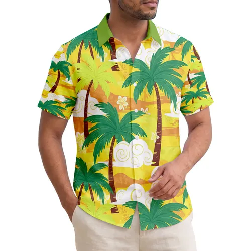 Bold Palm Trees Fluffy Clouds Sunny Yellow Sky - Summer Vacation Beach Getaway Travel Essentials Hawaiian Shirt