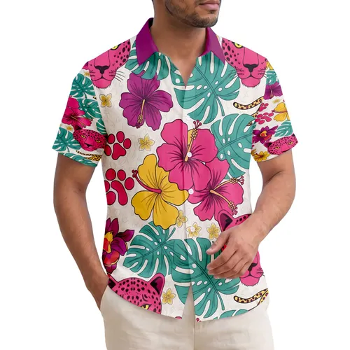 Pink Leopard Head Cheetah Hibiscus Tropical Blossoms Leaves - Wildlife Lover Gift Hawaiian Shirt