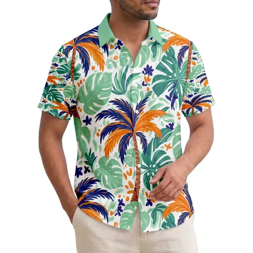 Orange Navy Blue Palm Trees Teal Green Tropical Leaves - Island Getaway Gift Hawaiian Shirt
