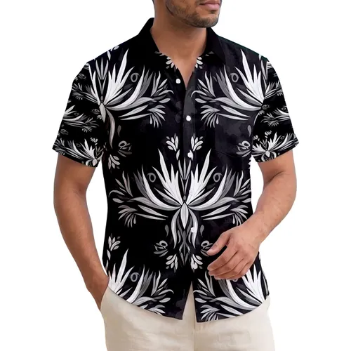 Black White Tropical Floral Bursts Elongated Leaves - Tropical Home Decor Gift Hawaiian Shirt