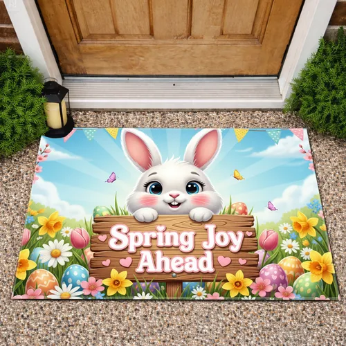 Friendly Rabbit Spring Joy Sign Easter Eggs - Spring Home Decor Gift Doormat