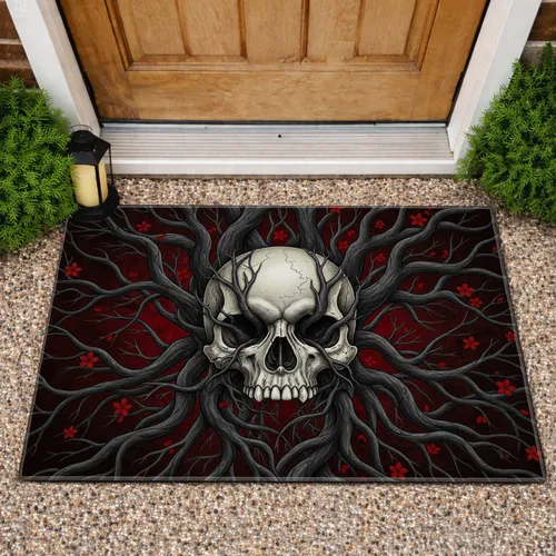 Weathered Skull Gnarled Tree Roots Red Flowers - Gothic Home Decor Gift Doormat