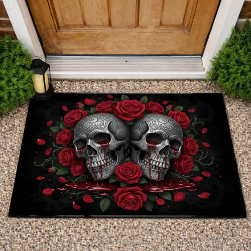 Metallic Skulls Crimson Roses Dripping Liquid - Entryway Decor Gift Doormat