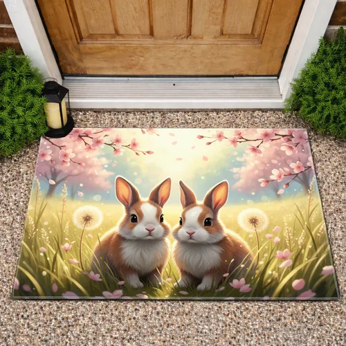Baby Bunnies Cherry Blossom Spring Meadow - Spring Home Decor Gift for Bunny Lover Doormat