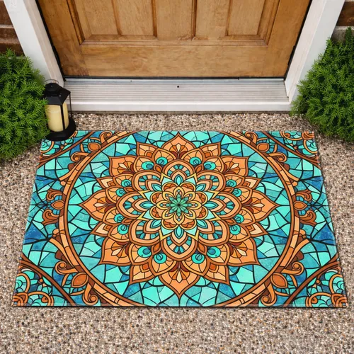 Stained Glass Floral Mandala Petals Lead Lines Circular Arc Grid Border Everyday Home Decor Gift Doormat