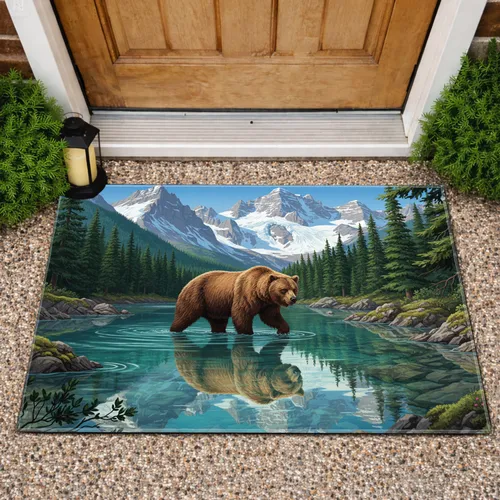 Grizzly Bear Mountain Lake Pine Forest Snow Peaks - Wildlife Home Decor Gift Doormat