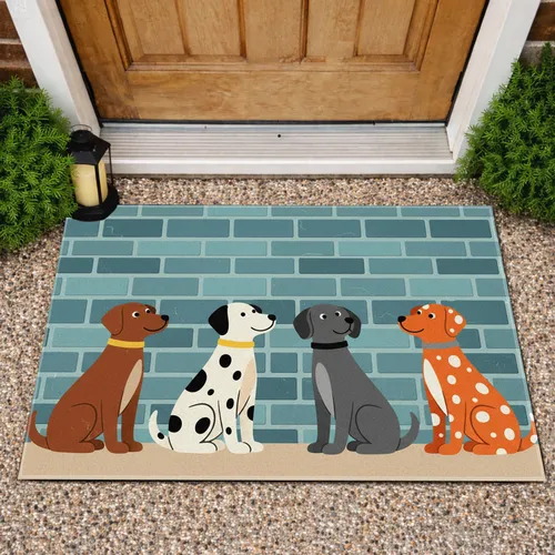 Friendly Dogs Sitting Row Muted Blue Teal Brick Wall Tan Base Home Decor Gift for Pet Lovers Doormat