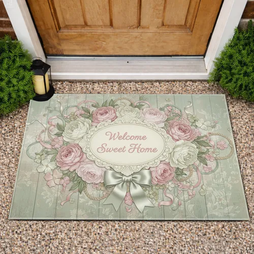 Vintage Botanical Welcome Sweet Home Floral Plaque - Shabby Chic Home Decor Doormat