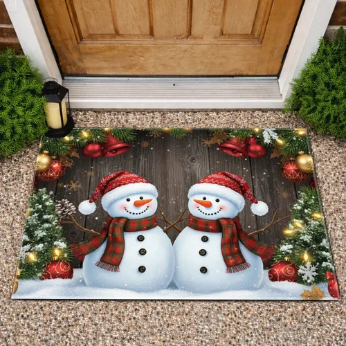 Friendly Snowmen Christmas Fairy Lights - Holiday Home Decor Gift Doormat