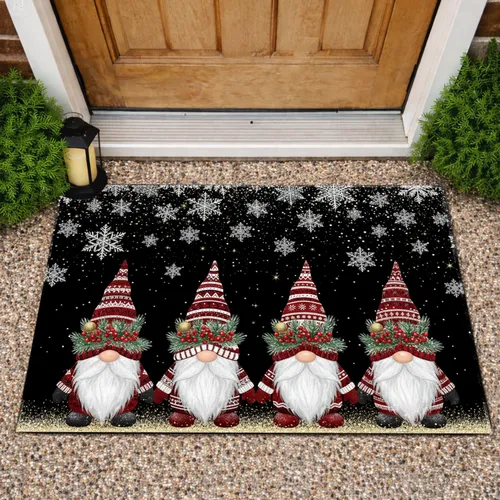 Christmas Gnomes Golden Snowflakes Deep Black Sky Winter Holiday Home Decor Doormat