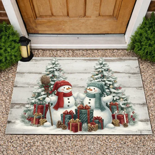 Plump Snowmen Christmas Presents Pine Trees Rustic Wood Winter Holiday Decor Gift Doormat