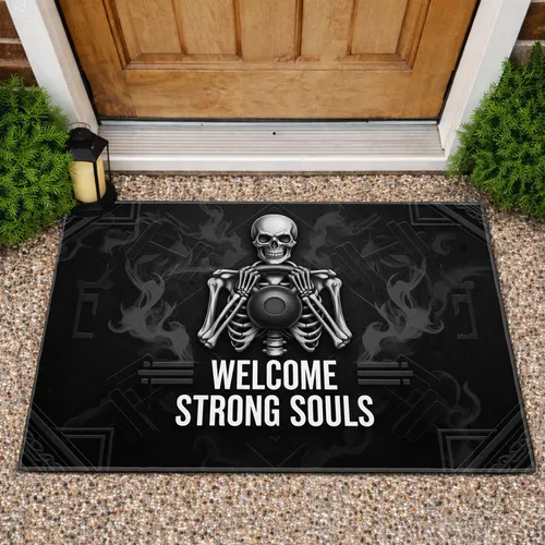 Skeletal Kettlebell Welcome Strong Souls - Fitness Enthusiast Gift Doormat