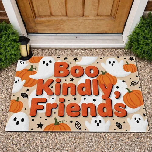Boo Kindly Friends Text Ghost Pumpkin - Halloween Plush Decor Doormat