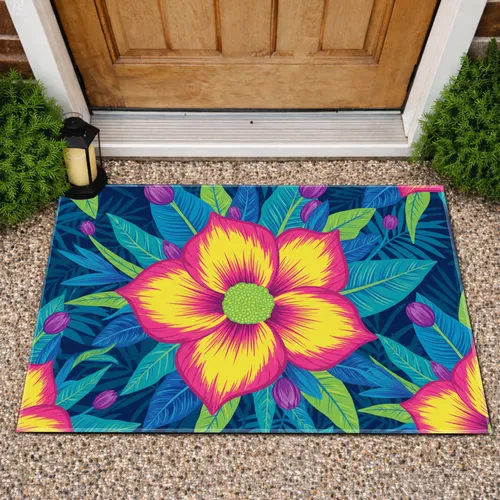 Magenta Yellow Flower Lime Green Tropical Foliage - Home Decor Gift Doormat