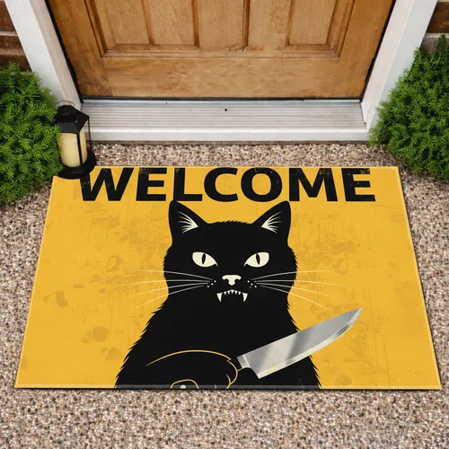 Menacing Black Cat Kitchen Knife Welcome Text - Front Door Home Decor Gift for Cat Lovers Doormat