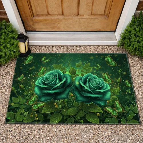 Emerald Green Roses Glistening Butterflies Rich Foliage - Botanical Home Decor Doormat