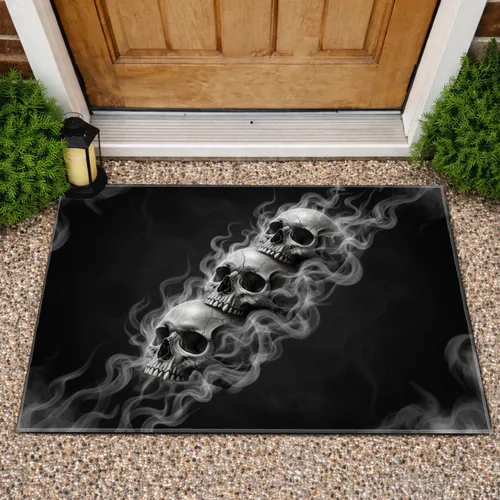 Diagonal Stack Weathered Human Skulls Swirling Smoke - Entryway Decor Gift Doormat