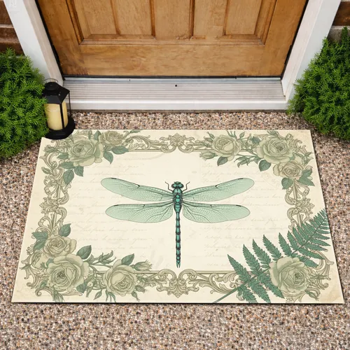 Dragonfly Botanical Roses Fern - Nature Lover Home Decor Gift Doormat