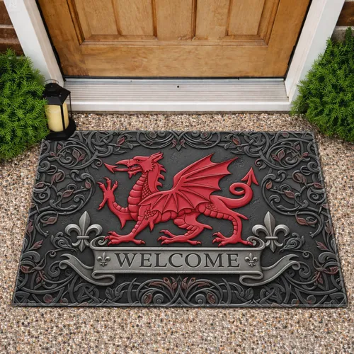 Red Welsh Dragon Welcome Banner Celtic Knot Foliage Fleur-De-Lis - Entryway Home Decor Doormat