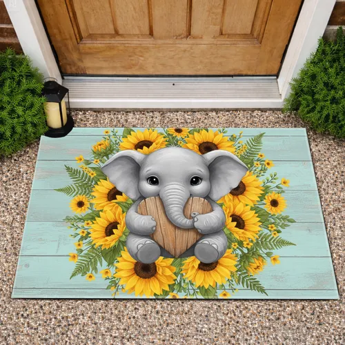 Baby Elephant Heart Sunflowers - Farmhouse Home Decor Gift for Elephant Lover Doormat