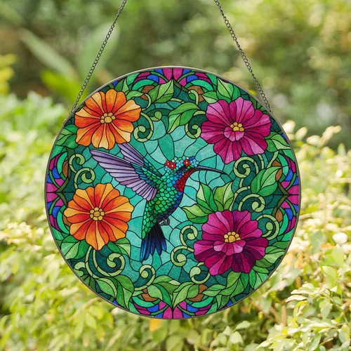 Hummingbird Crowned Blossoms Vibrant Floral Mosaic - Garden Decor Wildlife Lover Gift Stained Glass Suncatcher