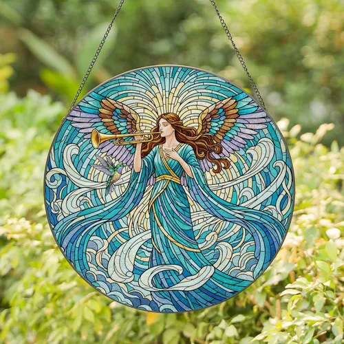 Celestial Angel Hummingbird Trumpet Clouds Light Rays - Home Decor Gift for Music Lover Stained Glass Suncatcher