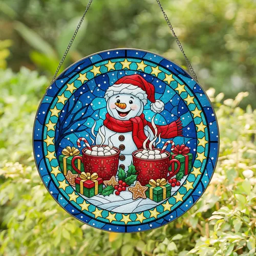 Snowman Hot Cocoa Christmas Decor - Holiday Home Gift Stained Glass Suncatcher