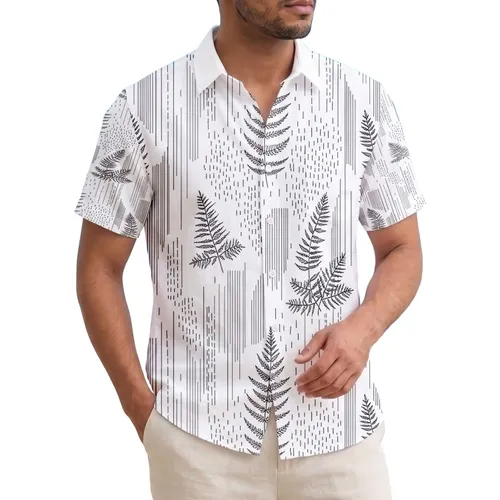 Thin Solid Dashed Line Dot Fern Palm Frond Rain Foliage - Tropical Lifestyle Gift Hawaiian Shirt