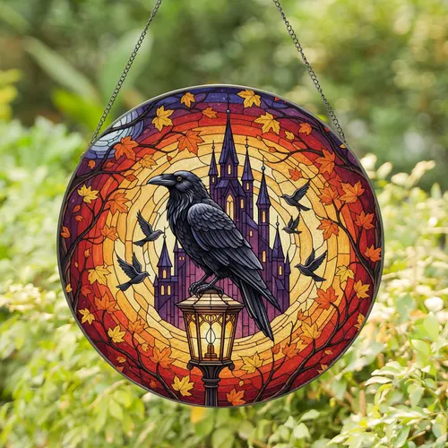Black Raven Streetlamp Gothic Castle Autumn Leaves - Home Decor Gift Stained Glass Suncatcher