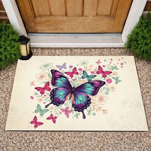 Purple Teal Magenta Orange Butterflies Wildflowers - Home Decor Gift for Butterfly Lovers Doormat