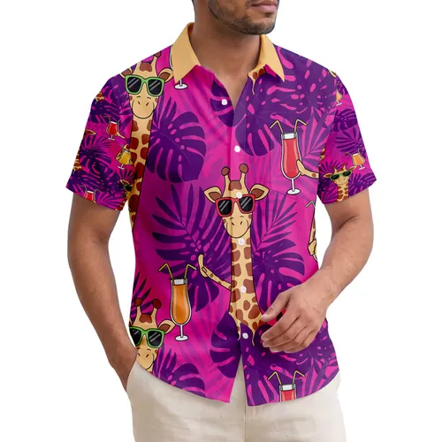 Giraffes Wearing Sunglasses Holding Cocktails Tropical Palm Fronds - Vacation Getaway Gift Hawaiian Shirt