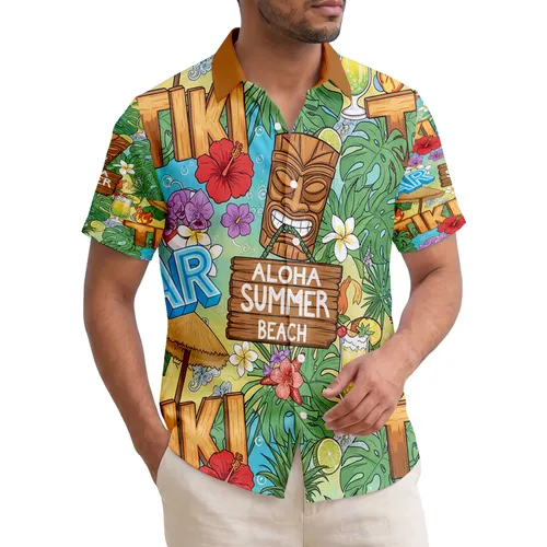 Tiki Masks Aloha Summer Wave Beach Palm Frond Hibiscus Cocktails - Beach Vacation Gift Hawaiian Shirt