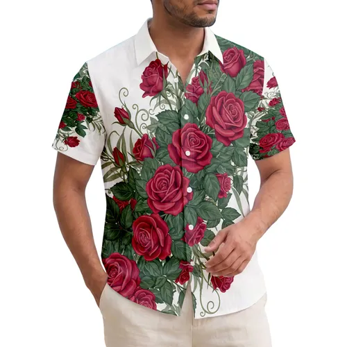 Tropical Red Roses Green Leaves Tendrils - Home Decor Gift for Rose Lover Hawaiian Shirt