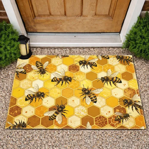 Active Plump Honeybees Hexagonal Honeycomb Wax Pollen - Everyday Home Decor Gift for Bee Lover Doormat