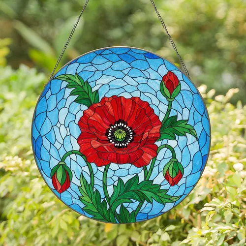 Red Poppy Flower Ruffled Petals Dark Stamen Poppy Buds - Home Decor Gift for Garden Lover Stained Glass Suncatcher