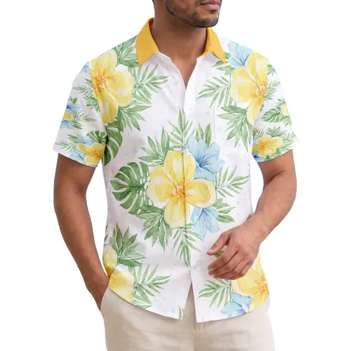 Tropical Yellow Blue Flowers Green Leaves Summer Lifestyle Gift Hawaiian Shirt